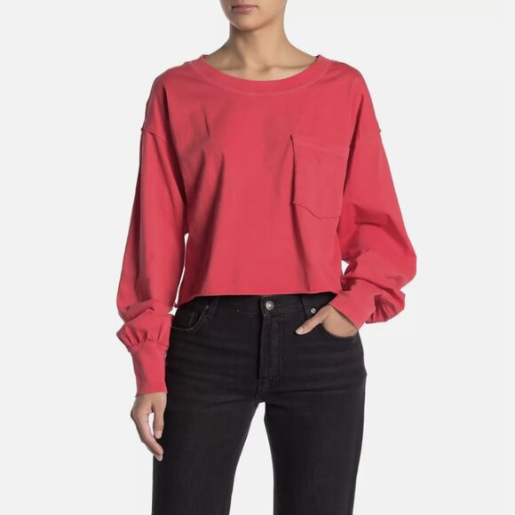 Free People - We The Free - Coral Red Long Sleeve Cotton Austin Cropped Tee Top - Picture 1 of 2